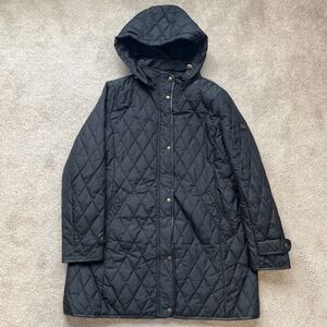 Ralph Lauren Womens Quilted Barn Jacket Petite Large Black Equestrian Coat Hood